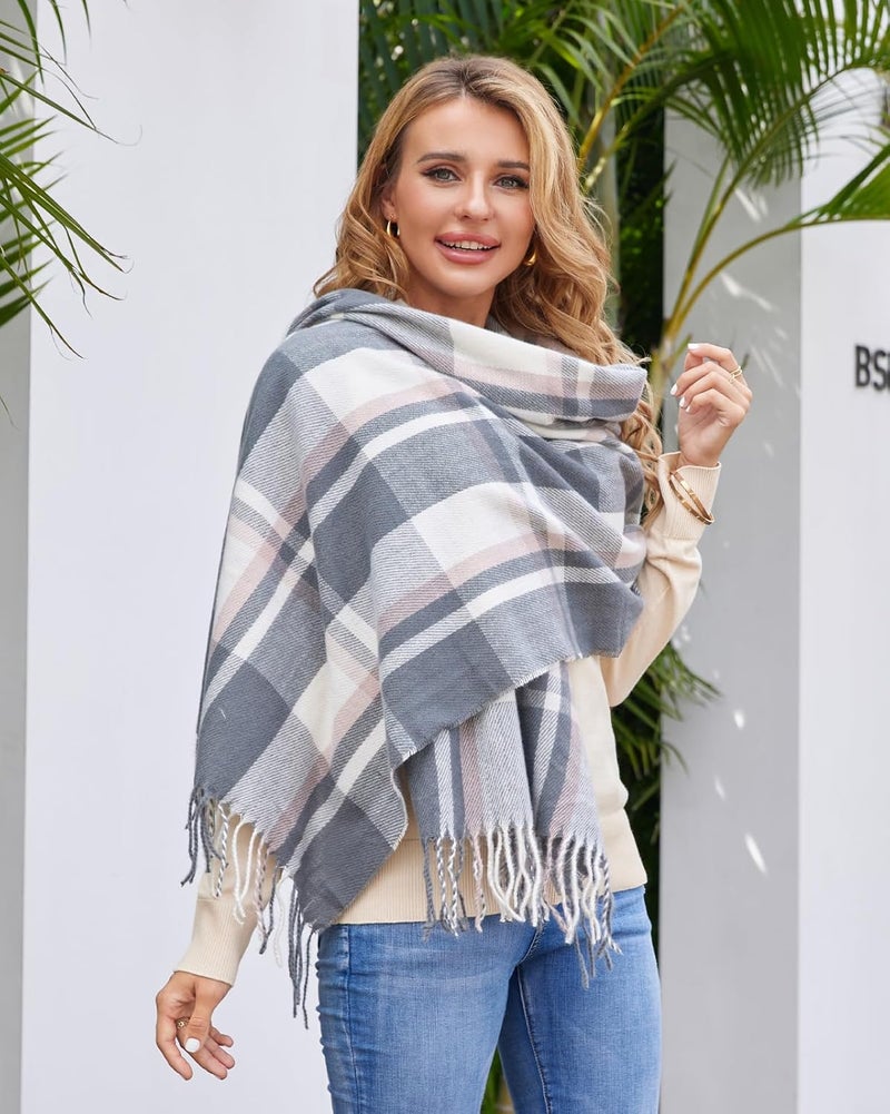 Fuinloth Women's Large Plaid Scarf Fashion Long Shawl Wrap for Winter Warm Lightweight - Image 4